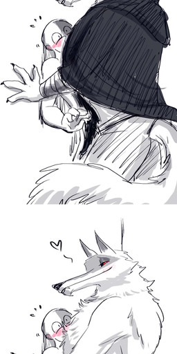 ambiguous_gender anthro blush claws clothed clothing duo facial_markings fluffy grin happy head_markings heart_symbol long_tail male markings mask_(marking) pointy_ears prick_ears red_eyes smile smirk standing tail ultimatellurker dreamworks puss_in_boots_(franchise) anon death_(puss_in_boots) canid canine canis human mammal wolf absurd_res hi_res