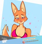 anthro bikini bikini_top bodily_fluids cheek_tuft clothing countershading eyebrow_piercing eyelashes facial_piercing facial_tuft female fur green_eyes heart_eyes heart_symbol inner_ear_fluff looking_at_viewer motion_lines orange_body orange_fur patreon_ad piercing simple_background solo sweat sweatdrop swimwear tail tail_motion tailwag text tongue tongue_out tuft two-piece_swimsuit sunrise_hooves dreamworks patreon the_bad_guys diane_foxington canid canine fox mammal hi_res url