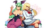 big_breasts blonde_hair breasts clothing dress duo female green_hair hair long_hair not_furry pillow simple_background white_background white_clothing white_dress michafrar capcom darkstalkers tekken emilie_de_rochefort morrigan_aensland demon demon_humanoid human humanoid mammal hi_res