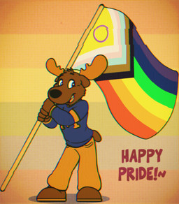 anthro black_nose blue_clothing blue_topwear bottomwear brown_body brown_clothing brown_footwear brown_fur brown_shoes brown_tail clothing flag flag_(object) footwear front_view fur head_tuft holding_flag holding_object lgbt_pride male male_anthro open_mouth open_smile pants pattern_background pride_colors progress_pride_colors shoes simple_background smile solo standing striped_background tail topwear tuft yellow_bottomwear yellow_clothing yellow_pants young young_anthro young_male bucklebunny montgomery_moose deer mammal moose new_world_deer hi_res