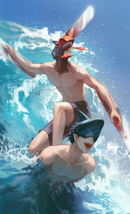 blood bodily_fluids chainsaw clothing duo gills male not_furry pecs power_tool sharp_teeth surfing swimwear teeth tongue tongue_out tools wave juri_(artist) chainsaw_man beam_(chainsaw_man) denji_(chainsaw_man) animal_humanoid demon fish fish_humanoid humanoid marine marine_humanoid shark_humanoid absurd_res hi_res