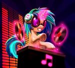 electronics eyewear female feral hair headphones hooves horn multicolored_hair musical_note musical_symbol record solo symbol two_tone_hair harwick friendship_is_magic hasbro my_little_pony mythology vinyl_scratch_(mlp) equid equine mammal mythological_creature mythological_equine unicorn 2018 digital_media_(artwork)