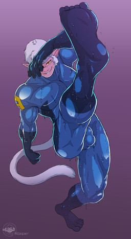 anthro axe_kick bite_mark bodily_fluids bodysuit clothing feet latex latex_bodysuit latex_clothing latex_skinsuit male skinsuit solo sweat tight_clothing delicatessen nintendo star_fox andrew_oikonny haplorhine macaque mammal monkey old_world_monkey primate hi_res