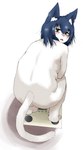 anthro blue_hair blush brown_eyes butt crouching embarrassed fangs femboy fur hair looking_at_viewer looking_back looking_back_at_viewer male nude_male open_mouth overweight overweight_male rear_view simple_background solo tail teeth tongue weighing_scale white_background white_body white_fur nana_(artist) domestic_cat felid feline felis mammal 2017 japanese_description