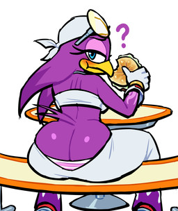 anthro beak big_butt blue_eyes blush bottomwear burger butt butt_cleavage clothing eating eating_food eyelashes eyewear eyewear_on_head feathers female food gloves handwear headgear headkerchief headwear holding_burger holding_food holding_object kerchief looking_at_viewer looking_back looking_back_at_viewer panties pants panty_peek pattern_bottomwear pattern_clothing pattern_panties pattern_underwear pink_clothing pink_panties pink_underwear purple_body purple_feathers question_mark simple_background sitting solo striped_bottomwear striped_clothing striped_panties striped_underwear stripes sunglasses sunglasses_on_head tail tail_feathers topwear underwear white_background white_bottomwear white_clothing white_gloves white_handwear white_headkerchief white_headwear white_kerchief white_panties white_pants white_topwear white_underwear wide_hips y_shaped_butt_crack lovetopullmicke sega sonic_riders sonic_the_hedgehog_(series) wave_the_swallow avian bird hirundinid oscine passerine swallow_(bird) 2025 hi_res
