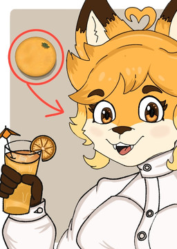 ahoge anthro beverage clothed clothing container cup eyelashes female food fruit glass glass_container glass_cup hair holding_container holding_cup holding_object juice_(beverage) looking_at_viewer orange_(fruit) orange_hair orange_juice plant simple_background white_clothing anonymous_artist jasmin_(jasminthemanticore) canid canine fox mammal