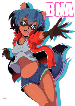 5_fingers anthro black_body black_fur black_hair black_nose blue_body blue_eyes blue_fur blue_hair bodily_fluids bottomwear breasts brown_body brown_fur clothed clothing female fingers fluffy fluffy_tail fur glistening glistening_body hair humanoid_face jacket multicolored_hair navel open_clothing open_jacket open_mouth open_topwear short_hair shorts solo sweat tail text topwear translucent translucent_hair brutish_pingu brand_new_animal studio_trigger michiru_kagemori canid canine mammal raccoon_dog tanuki 2020 english_text hi_res portrait three-quarter_portrait