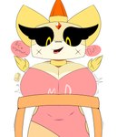 anthro breasts clothed clothing dress ears_up eyelashes female furniture gem horn neckwear on_table open_hands orange_gem orange_horn pink_clothing pink_dress simple_background smile solo standing table wood wood_furniture wood_table yellow_eyes alpog21_(artist) domestic_cat felid feline felis mammal absurd_res digital_media_(artwork) hi_res