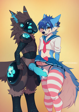 anthro armor big_penis blue_body blue_penis blue_visor bottomwear clothed clothing crossdressing duo femboy genitals grey_body heart_symbol knot knotted_penis legwear machine male male/male married_couple orange_eyes paw_symbol penis school_uniform skirt text thick_thighs thigh_highs uniform wide_hips dancrescentwolf t3ryx whiro_wolf canid canine canis mammal protogen wolf absurd_res english_text hi_res