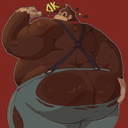 anthro back_rolls belly big_belly big_butt bottomwear brown_body brown_fur butt clothing fur hand_on_butt huge_butt looking_at_viewer looking_back looking_back_at_viewer male obese obese_anthro obese_male overweight overweight_anthro overweight_male presenting presenting_hindquarters rear_view red_background shirtless simple_background solo suspenders torn_bottomwear torn_clothing swirlzeez donkey_kong_(series) nintendo donkey_kong_(character) ape gorilla haplorhine mammal primate 1:1 2025 digital_media_(artwork) hi_res portrait three-quarter_portrait