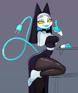 anthro bent_legs black_clothing black_dress blue_hair boots breasts clothing dress female floating_hands footwear hair half-closed_eyes headgear headwear legwear narrowed_eyes nun nun_outfit open_mouth pointy_ears religious_clothing shoes slim small_waist smile smirk solo suggestive suggestive_look suggestive_pose thick_thighs tights white_boots white_clothing white_footwear wide_hips yellow_eyes higidu deltarune undertale_(series) tasque_manager tasque_manager_(nun) darkner felid mammal absurd_res hi_res