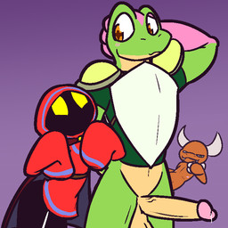 2_horns anthro armor balls big_balls big_penis blue_clothing blue_hood blue_robe blush bodily_fluids bottomless breastplate brown_pupils cape claws clothed clothing duo_focus erection finger_claws genital_fluids genitals gloves_(marking) green_body green_clothing green_shirt green_skin green_topwear group hand_on_head horn long_sleeves looking_down looking_up male markings mouthless no_pupils orange_body orange_eyes orange_scales penis precum pupils purple_background red_cape red_clothing red_hood red_robe robe scales shirt shoulder_pads simple_background smile topwear trio unusual_pupils vein veiny_penis white_claws white_horn yellow_body yellow_eyes yellow_penis yellow_skin ultilix caspar_(ultilix) leo_the_magician to-be-named-later amphibian demon frog humanoid scalie shadow_creature 1:1 2024 story_at_source
