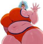 1_eye 1_horn bangs belly big_breasts big_eye biped blue_hair bra breasts clothed clothing curvy_figure eyelashes female gesture glistening glistening_body glistening_skin hair horn huge_breasts light_body light_skin looking_at_viewer looking_down looking_down_at_viewer looming low-angle_view navel open_mouth open_smile overweight overweight_female overweight_humanoid parted_bangs side_boob simple_background smile smiling_at_viewer solo sports_bra sports_panties standing thick_thighs underwear underwear_only voluptuous waving waving_at_viewer white_background wide_hips yellow_eyes sssonic2 plus-sized_elf hitome_(plus-sized_elf) cyclops horned_humanoid humanoid 2024 absurd_res hi_res