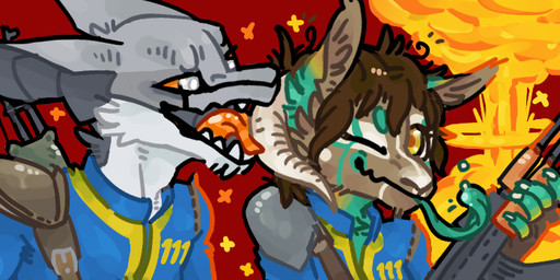anthro blue_clothing blue_topwear brown_body brown_fur brown_hair clothed clothing duo explosion fur green_markings green_tongue grey_body grey_eyes grey_fur gun hair holding_gun holding_object holding_ranged_weapon holding_weapon male markings mouth_closed one_eye_closed orange_tongue ranged_weapon red_sclera short_hair tongue tongue_out topwear weapon white_body white_fur yellow_eyes 0ct0m0n0 fallout microsoft 2:1