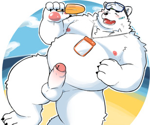 anthro balls beach beach_chair belly dessert erection eyewear food foreskin genitals ice_cream male moobs navel nipples nude overweight penis popsicle public public_nudity solo sunglasses wnsgh2466 xxl_woofia paul_the_polar_bear bear mammal polar_bear ursine absurd_res hi_res