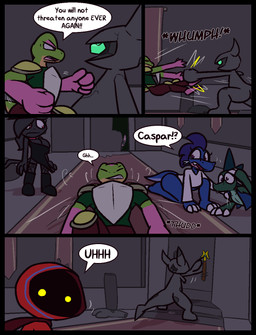 4_fingers angry anthro armor big_breasts black_boots black_clothing black_dress black_footwear black_hat black_headwear black_nose blue_body blue_clothing blue_robe blue_scales blue_topwear blue_vest boots bottomless bottomwear breastplate breasts cape choker claws clenched_teeth clothed clothing dialogue dot_eyes dress eyes_closed female finger_claws fingers fishnet_stockings fist footwear frown fur gloves_(marking) green_body green_clothing green_eyes green_hair green_scales green_shirt green_skin green_topwear grey_body grey_fur grey_hair group hair hand_on_head hat headgear headwear hiding jewelry knee_boots knee_highs knee_pads leg_sweep legwear looking_down lying male markings motion_lines mouthless necklace on_back orange_eyes pants pink_body pink_choker pink_eyes pink_fur pink_jewelry pink_necklace pink_skin punch purple_hair red_bottomwear red_cape red_clothing red_hood red_pants red_robe robe rock scales shirt shoes short_tail shoulder_pads simple_eyes skirt speech_bubble standing tail teeth text topwear vest white_bottomwear white_claws white_clothing white_shirt white_skirt white_topwear yelling yellow_body yellow_eyes yellow_skin ultilix european_mythology jewish_mythology mythology caspar_(ultilix) emerald_(ultilix) leo_the_magician ruby_(ultilix) sofia_(ultilix) wes_(ultilix) amphibian domestic_cat dragon elemental_creature felid feline felis frog humanoid lagomorph leporid mammal mineral_fauna mythological_creature mythological_golem mythological_scalie rabbit rock_creature scalie shadow_creature western_dragon 2026 comic english_text hi_res brother_(lore) brother_and_sister_(lore) sibling_(lore) sister_(lore)