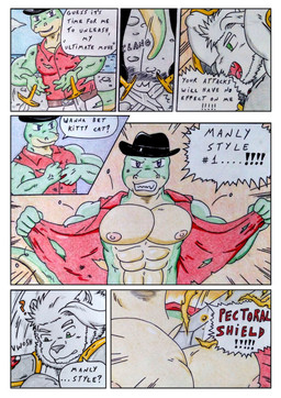 abs albino anthro armor big_muscles big_pecs blocking bottomwear clenched_teeth clothed clothing comic_panel dagger dialogue dropping_object dropping_weapon duo fur green_body green_eyes hat headgear headwear male manly melee_weapon muscular nipples onomatopoeia open_clothing open_shirt open_topwear opening_shirt pants pecs pink_nipples port purple_eyes sharp_teeth shirt shirt_opened shoulder_pads skill sound_effects speech_bubble sword tail teeth text thick_tail topwear torn_bottomwear torn_clothing torn_pants torn_shirt torn_topwear weapon white_body white_fur dashthefox nikel felid lion lizard mammal pantherine reptile scalie absurd_res comic english_text hi_res