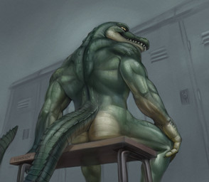anthro back_muscles bench butt green_body green_scales locker locker_room looking_at_viewer looking_back looking_down low-angle_view male muscular muscular_anthro muscular_male nails nude pupils scales slit_pupils smile solo vulposculpt crocodilian reptile scalie