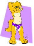 anthro belly big_belly biped briefs briefs_only bulge clothed clothing colored_seam_underwear fur hands_behind_head looking_at_viewer male multicolored_body multicolored_fur navel pose purple_briefs purple_clothing purple_underwear smile solo standing topless two_tone_body two_tone_fur underwear underwear_only white_body white_fur white_seam_briefs white_seam_underwear yellow_body yellow_fur doggettdouglasmcdog dogget_(doggettdouglasmcdog) canid canine canis domestic_dog mammal 3:4 hi_res