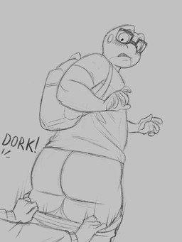 ambiguous_gender anthro assisted_exposure backpack belly big_butt blush bottomwear bully butt clothing dialogue duo embarrassed eyewear flustered glasses humiliation male male/ambiguous mostly_offscreen_character nerd pantsing shirt shorts slightly_chubby slightly_chubby_anthro slightly_chubby_male t-shirt teasing text topwear kostos_art bennie_(kostos_art) amphibian frog 2024 black_and_white english_text hi_res monochrome