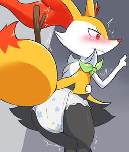 ambiguous_gender anthro blush bodily_fluids butt clean_diaper clothed clothing crying desperation diaper embarrassed omorashi padded padding pull-ups_(diaper) solo tears wearing_diaper wetness_indicator white_diaper milklemon5127 nintendo pokemon braixen canid canine fox generation_6_pokemon mammal pokemon_(species) hi_res