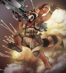 anthro armpit_hair barefoot belt biped body_hair clothed clothing explosion feet full_foot_pawpads fur gun handgun holding_object holding_weapon holster male paws pistol ranged_weapon rocket_launcher scarf solo weapon corrsk guardians_of_the_galaxy marvel rocket_raccoon mammal procyonid raccoon digital_media_(artwork) hi_res