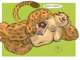 anthro balls dessert doughnut fangs flaccid food foreskin genitals hand_on_head long_tail looking_at_viewer lying male moobs muscular_legs navel nipples nude on_side overweight overweight_male pastry penis reclining small_balls small_penis solo spots stripes tail talking_to_viewer teeth whiskers djtaka disney zootopia benjamin_clawhauser cheetah felid feline mammal hi_res