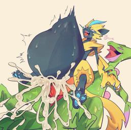 ahegao anthro arm_grab big_penis blue_pawpads bodily_fluids claws cum cum_inflation cum_inside duo erection feet female fur genital_fluids genitals green_body green_skin huge_penis hyper hyper_genitalia hyper_penis inflation looking_pleasured male male/female open_mouth pawpads paws penetration penile penis sex simple_background sweat tail teeth toes tongue tongue_out vulva yellow_body yellow_fur honeydewt1me nintendo pokemon ryu_the_sceptile generation_3_pokemon generation_7_pokemon legendary_pokemon mammal pokemon_(species) scalie sceptile zeraora digital_media_(artwork) hi_res