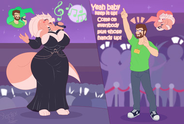 4_toes 5_fingers anthro audience barefoot beard big_breasts black_clothing black_dress blush bodily_fluids body_swap bottomwear breasts brown_hair choker cleavage clothed clothing curvy_figure denim denim_bottomwear denim_clothing dialogue dress electronics eyelashes eyewear facial_hair feet female fingers footwear glasses gloves group hair handwear happy horn huge_breasts huge_hips huge_thighs jeans jewelry long_eyelashes long_snout male mature_anthro mature_female mature_male microphone moon music musical_symbol necklace night overweight overweight_anthro overweight_female pants pink_body pink_hair pink_tentacles red_eyes sharp_teeth shirt shoes silhouette simple_background singing slightly_chubby slightly_chubby_anthro slightly_chubby_female sneakers snout stage standing star strapless_clothing strapless_dress stressed sweat sweatdrop symbol tail teeth tentacles text thick_thighs toes topwear username vip_card voluptuous wide_hips worried korick17 mythology dylan_(sharkkingdylan) dragon human mammal mythological_creature mythological_scalie scalie 2025 absurd_res digital_media_(artwork) english_text hi_res signature