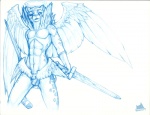 anthro balls circumcised fantasy feathered_wings feathers flaccid genitals hallel halo humanoid_genitalia humanoid_penis male melee_weapon nude penis simple_background small_penis solo sword tail weapon white_background wings narffet ars_goetia atlus megami_tensei sega ose_(megami_tensei) angel felid leopard mammal pantherine 2010 blue_and_white monochrome