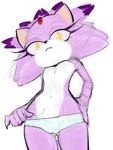 anthro big_eyes black_nose breasts butt butt_from_the_front camel_toe cheek_tuft claws clothed clothing eyelashes facial_tuft female finger_claws fingers forehead_gem front_view fur gem hand_on_hip looking_at_viewer looking_down looking_down_at_viewer low-angle_view medium_breasts mouth_closed navel panties panties_only pubes pupils purple_body purple_fur simple_background slit_pupils solo standing throbbing topless tuft underwear underwear_only white_background white_body white_clothing white_fur white_panties white_underwear yellow_eyes deadwife sega sonic_the_hedgehog_(series) blaze_the_cat domestic_cat felid feline felis mammal 2025 digital_media_(artwork) flat_colors guide_lines portrait three-quarter_portrait