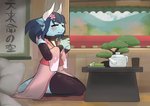 anthro asian_clothing blue_body blue_scales blush bonsai cake clothing container cup dessert east_asian_clothing female food holding_container holding_cup holding_object japanese_clothing kneeling pillow plant scales seiza sitting solo tea_cup window pagie_(artist) sora_(bigboy980) kobold scalie absurd_res hi_res