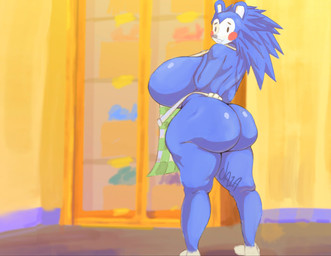 anthro apron apron_only big_breasts big_butt blue_body breasts butt clothing female huge_breasts huge_butt looking_back quills_(anatomy) red_cheeks solo ja1atn animal_crossing nintendo mabel_able eulipotyphlan hedgehog mammal hi_res