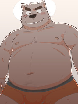 anthro belly blush bulge clothing kemono male moobs navel nipples overweight overweight_anthro overweight_male simple_background solo underwear kick_(artist) canid canine canis domestic_dog mammal 2015
