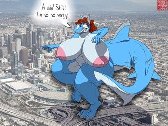 3_toes 5_fingers accident anthro apology areola bared_teeth belly big_areola big_breasts big_tail blue_arms blue_body blue_legs blue_skin blue_tail breasts claws dialogue feet female female_anthro fin fingers grey_claws grey_ears hair huge_areola huge_breasts huge_tail hyper hyper_breasts los_angeles macro macro_anthro macro_female nipples nude nude_anthro nude_female nude_macro photo_background pink_areola pink_eyes pink_nipples real red_hair sharp_teeth showing_teeth solo tail teeth text toe_claws toes white_belly white_body white_breasts white_skin white_tail shannon_shark_(artist) real_world shannon_shark aquatic carpet_shark fish ginglymostomatid nurse_shark shark 4:3 absurd_res english_text hi_res photography_(artwork)