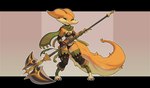 2022 absurd_res alternate_version_at_source anthro areola armor bdmon biped breasts cleavage clothed clothing female fur furred_kobold furred_scalie green_eyes hi_res holding_object holding_weapon kobold looking_at_viewer nude orange_body orange_fur panties scalie scarf solo standing tisha_(bdmon) underwear weapon