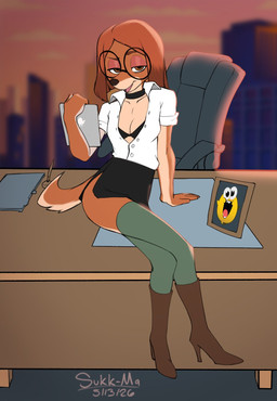 anthro arm_support bedroom_eyes big_glasses biped boots bottomwear bra breasts brown_body brown_fur brown_hair chair choker cleavage clothed clothing collared_shirt desk eyewear female female_anthro footwear fur furniture glasses hair high_heeled_boots high_heels jewelry legwear looking_at_viewer narrowed_eyes necklace open_clothing open_shirt open_topwear reclining round_glasses seductive shirt shoes sitting_on_desk skirt solo stockings table tablet topwear underwear wearing_glasses year sukk-madikk illumination_entertainment sing_(movie) steam_(software) valve suki_lane canid canine canis domestic_dog hunting_dog mammal saluki sighthound 2026 dated hi_res signature