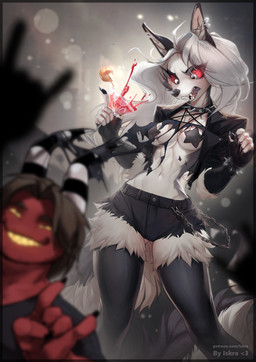 anthro biped breasts clothed clothed_anthro clothed_female clothing female fur grey_body grey_fur hair pasties red_sclera solo tail white_eyes white_hair iskra hellaverse helluva_boss mythology loona_(helluva_boss) canid canid_demon canine demon hellhound mammal mythological_canine mythological_creature 2024 hi_res