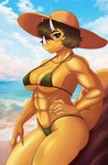 3_horns abs anthro athletic athletic_anthro athletic_female beach big_breasts bikini bikini_thong black_bikini black_clothing black_swimwear blue_eyes blue_sky breasts brown_hair claws clothed clothing curvy_figure day eyelashes facial_horn female finger_claws hair hair_over_eye hat headgear headwear horn long_tail looking_at_viewer markings mole_(marking) multi_horn nose_horn outside scales sea seaside short_hair skimpy skimpy_bikini sky smile snout solo sun_hat swimwear tail thick_thighs two-piece_swimsuit voluptuous voluptuous_anthro voluptuous_female water wide_hipped_anthro wide_hipped_female wide_hips yellow_body yellow_scales garavakarian hold_onto_mi mimi_(hold_onto_mi) ceratopsian dinosaur ornithischian prehistoric_species reptile scalie triceratops 2025 absurd_res digital_drawing_(artwork) digital_media_(artwork) hi_res