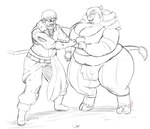 anthro artist_name big_breasts big_butt blood bodily_fluids bovid bovine breasts breasts_and_teats butt cattle duo female gillpanda greyscale huge_breasts human male mammal monochrome obese overweight tail teats udders