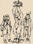 anthro arms_tied biped bound broken_antler bullet_wound death fur_coat group gun legs_tied male muscular muscular_anthro muscular_male ranged_weapon trio weapon ganii canid canine canis deer mammal wolf hi_res