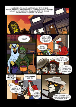 ambiguous_gender anthro candy candy_bucket clothing costume dessert dialogue dialogue_box food halloween_costume halloween_decoration holidays hug hugging_another hugging_from_behind jack-o'-lantern male pirate_outfit size_difference speech_bubble text trick-or-treating young young_ambiguous young_anthro thekinkybear halloween logan_bern_(thekbear) oswald_eastwood_(thekbear) bernese_mountain_dog bovid canid canine canis caprine domestic_dog goat mammal molosser mountain_dog swiss_mountain_dog absurd_res comic english_text hi_res