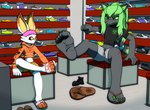 anthro big_feet clothing dirty_sandals duo feet flip_flops foot_fetish foot_focus footwear humanoid_feet male male/male plantigrade sandals shoe_shopping shoe_store shoes bkdebo nintendo pokemon sunny_flowers zed_burrows generation_5_pokemon generation_8_pokemon pokemon_(species) scorbunny zoroark absurd_res hi_res