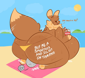 anthro beach belly beverage big_belly big_breasts big_butt bikini_thong bodily_fluids breasts brown_body brown_eyes brown_fur brown_hair butt butt_smother clothed clothing cloud dialogue duo eyelashes facesitting female fur glistening glistening_belly glistening_body glistening_butt hair holding_beverage holding_object huge_breasts huge_butt larger_female looking_back motion_lines multicolored_body multicolored_fur no_pupils outside overweight overweight_anthro overweight_female rumbling_stomach seaside side_belly sitting_on_another size_difference smothering sweat swimwear tail tail_motion tailwag tan_body tan_fur text topless two_tone_body swallowpancakes nintendo pokemon pickles_(swallowpancakes) eevee generation_1_pokemon mammal pokemon_(species) 2023 artist_name digital_media_(artwork) english_text hi_res