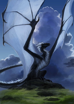ambiguous_gender black_body black_scales claws cloud countershading dark_clouds detailed_background feral fin grey_body grey_countershading horn markings membrane_(anatomy) membranous_wings no_pupils open_mouth outside rock scales sitting sky solo spread_wings sun tail white_body white_horn white_skin wings yellow_eyes allagar european_mythology mythology morghus dragon mythological_creature mythological_scalie scalie western_dragon wyvern absurd_res hi_res