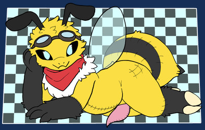 animal_genitalia antennae_(anatomy) anthro bedroom_eyes biped clothing erection eyewear eyewear_on_head fur genitals goggles goggles_on_head looking_at_viewer male narrowed_eyes nude penis plushie pose scarf seductive simple_background smile smug solo stitch_(sewing) tapering_penis wings yellow_body anonymous_artist bailey_(bailey_beatrix) animate_inanimate arthropod bee hymenopteran insect living_plushie alpha_channel hi_res