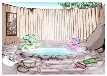 anthro bath bathhouse breasts cleavage clothed clothing clothing_aside duo female female/female relaxing rubbish_chameleon audrey_(rubbish_chameleon) biphony_(rubbish_chameleon) amphibian chameleon frog lizard reptile scalie hi_res
