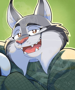 anthro clothing fur grey_body grey_fur male open_mouth smile solo sweater topwear uwsponge disney zootopia milton_lynxley pawbert_lynxley felid feline lynx mammal hi_res