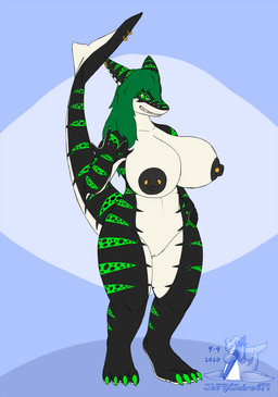 anthro big_breasts black_body black_nipples breasts claws countershade_face countershade_torso countershading curvy_figure ear_piercing ear_ring female furgonomic_piercing furgonomics genitals green_claws green_eyes green_hair green_markings hair huge_breasts markings nipple_piercing nipples non-mammal_breasts non-mammal_nipples nude piercing ring_piercing solo tail tail_piercing text thick_thighs voluptuous vulva white_body wide_hips jeff_dragon471 strakia_(strakiashark) aquatic fish shark absurd_res english_text hi_res signature