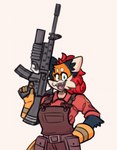 anthro assault_rifle clothing cute_fangs fangs female gloves green_eyes grenade_launcher gun hair hand_on_hip handwear looking_at_viewer m16 m203 orange_body overalls ranged_weapon red_hair rifle shirt simple_background smile smiling_at_viewer solo teeth tied_hair topwear underbarrel_grenade_launcher weapon sketchytoasty third-party_edit team_fortress_2 valve engineer_(team_fortress_2) pepper_(sketchytoasty) canid canine fox mammal